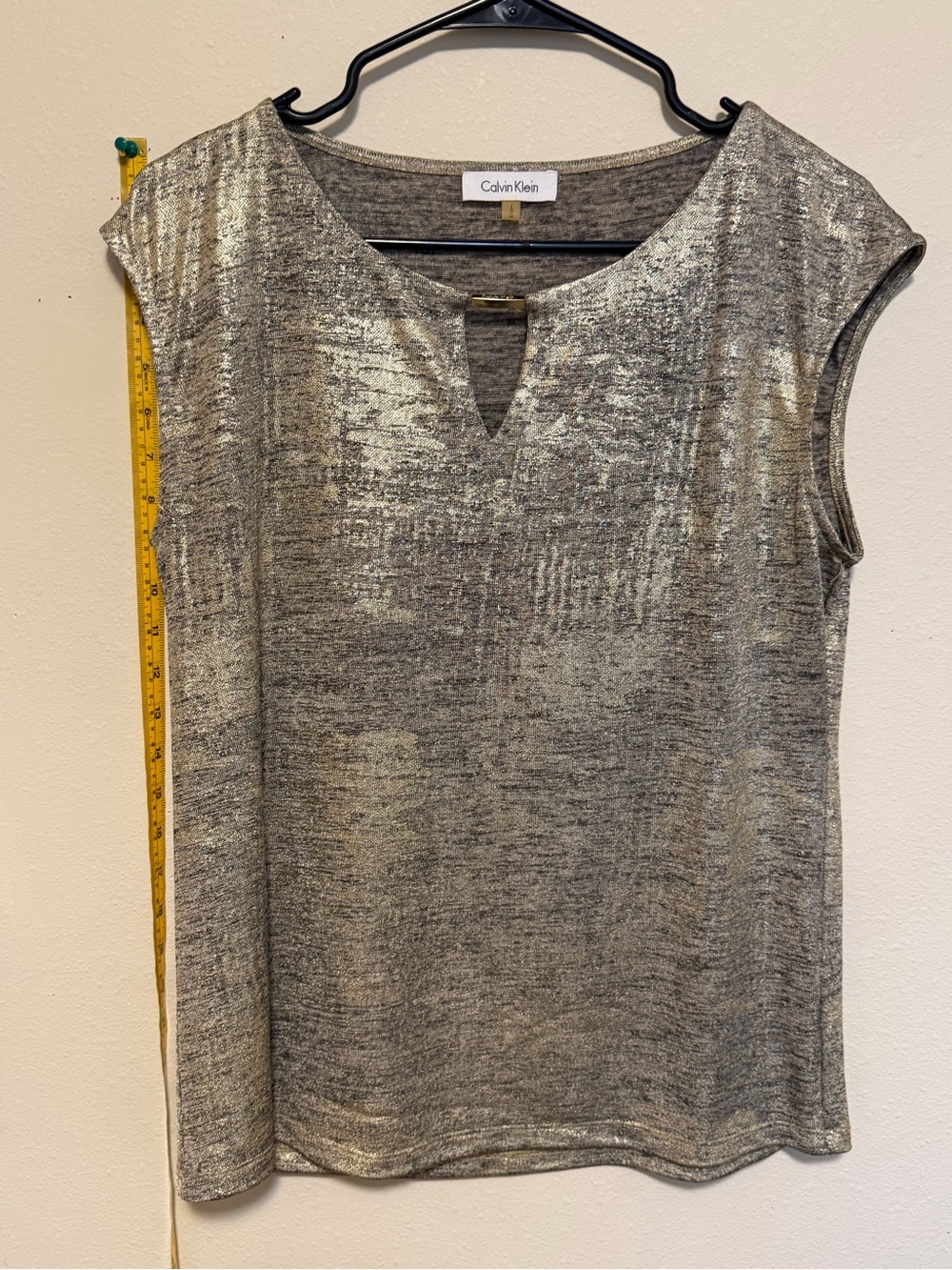 Calvin Klein Silver Metallic Short Sleeve Notch Top